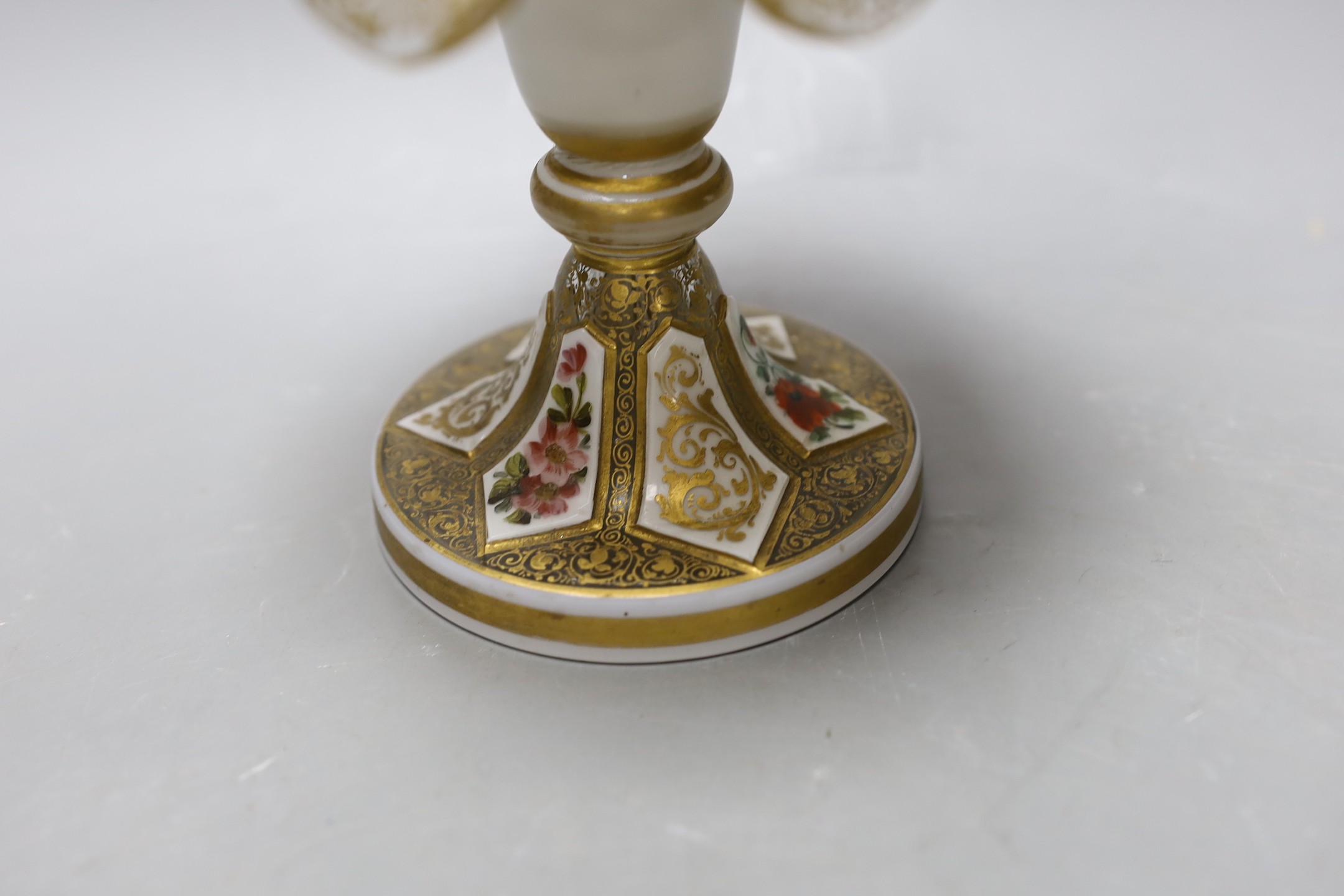 A 19th century Bohemian cut enamelled and gilded glass centrepiece, in two parts, 25cm